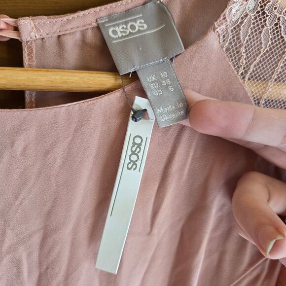 Asos Dress Dusty Rose Pink Lace Panel Midi Swing Romantic Prep NWT 6 Bridesmaid - Picture 3 of 6